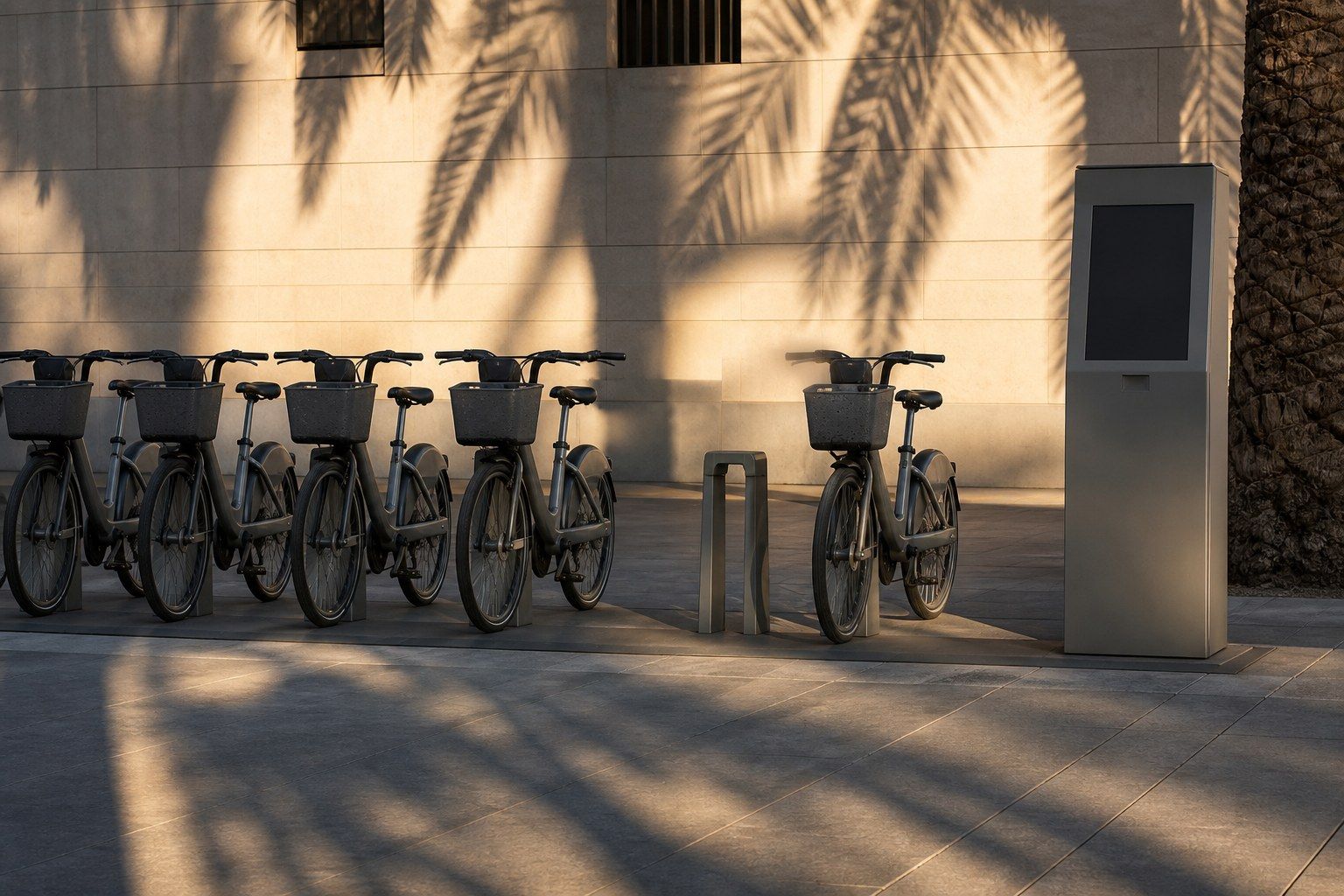 A public bike-share docking station on a city pavement at first light, with a row of identical unmarked grey utility bicycles locked into a metal dock rail and one empty bay in the middle.