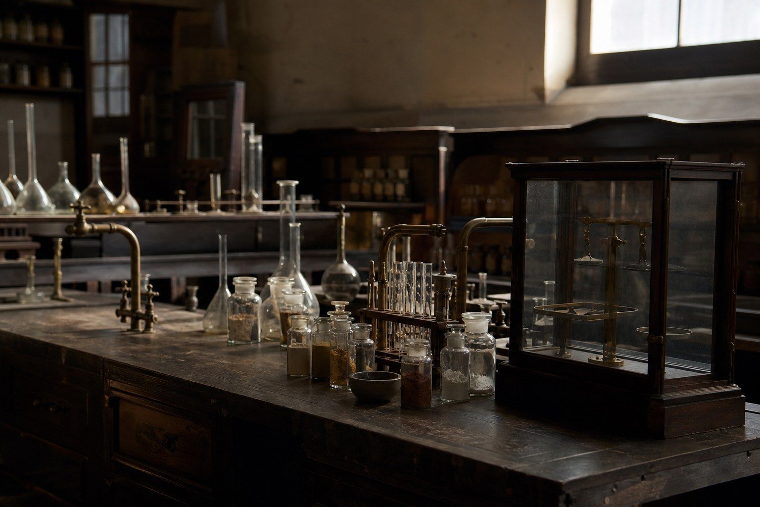 A historic university chemistry laboratory bench with dark varnished wood, brass fittings, glass retorts and flasks of different sizes and a balance under a glass case, lit by one high window.