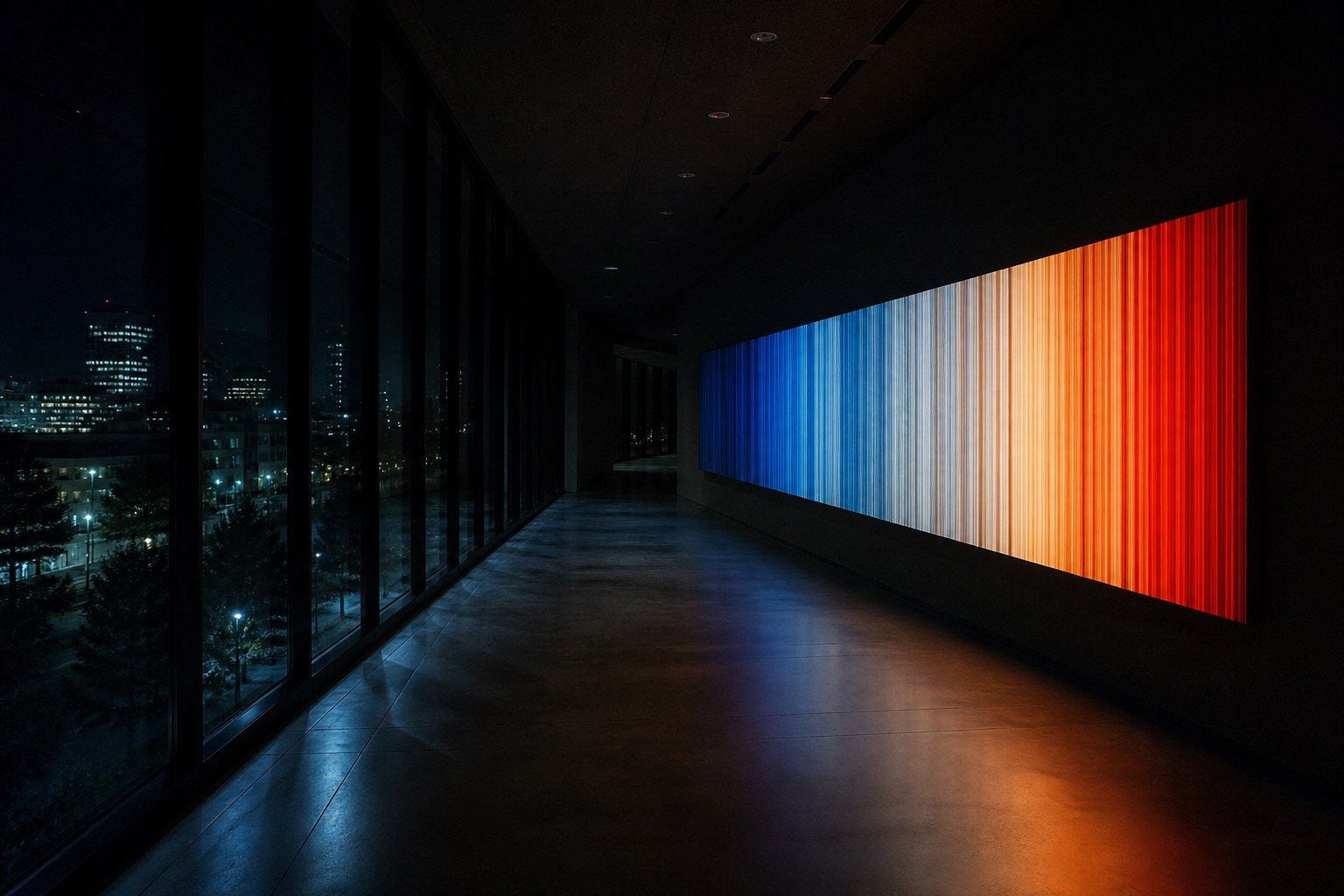A dark corridor in a research building at night, lit almost entirely by a large back-lit wall panel of narrow vertical colour bands grading from deep blue on the left to deep red on the right.