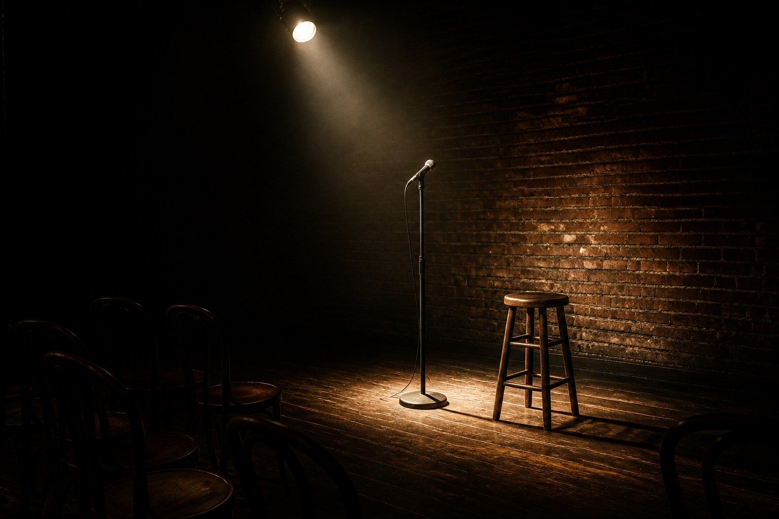 A small empty comedy-club stage after the room has emptied: a single microphone on a stand in front of a bare brick wall, a wooden stool beside it, one overhead spotlight on scuffed floorboards.