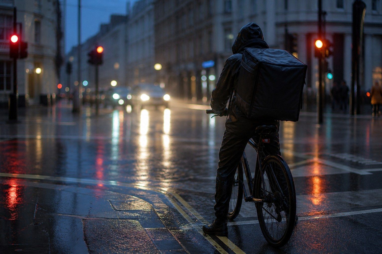 A cycle courier seen from behind at a wet city junction in heavy rain at dusk, in a dark waterproof jacket with a plain unmarked square backpack, headlights reflected in the tarmac.