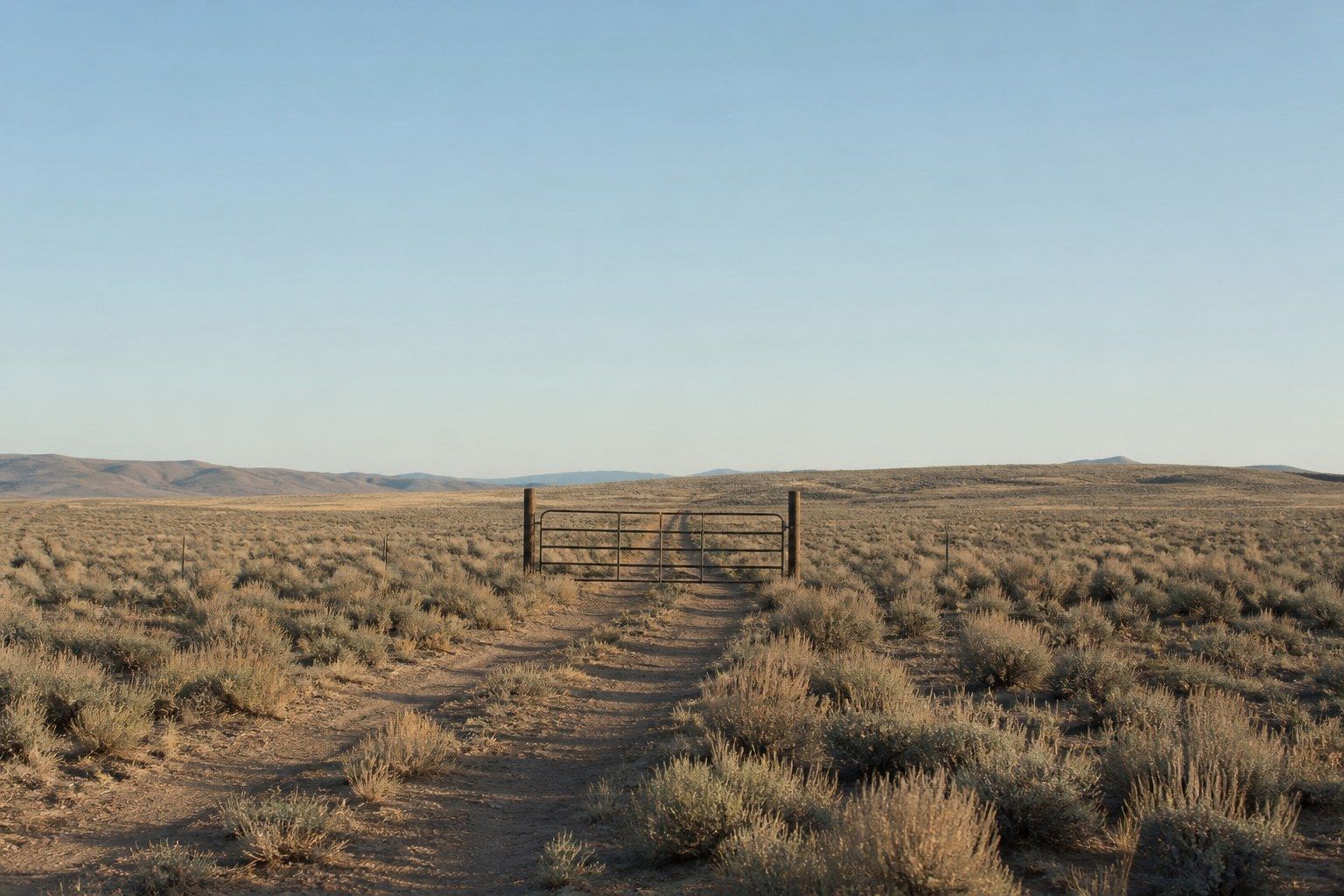 A flat sagebrush plain in the American high desert at late afternoon, with a short length of crude wire fence and a simple metal gate standing alone in the middle distance and a faint two-track dirt road passing through.