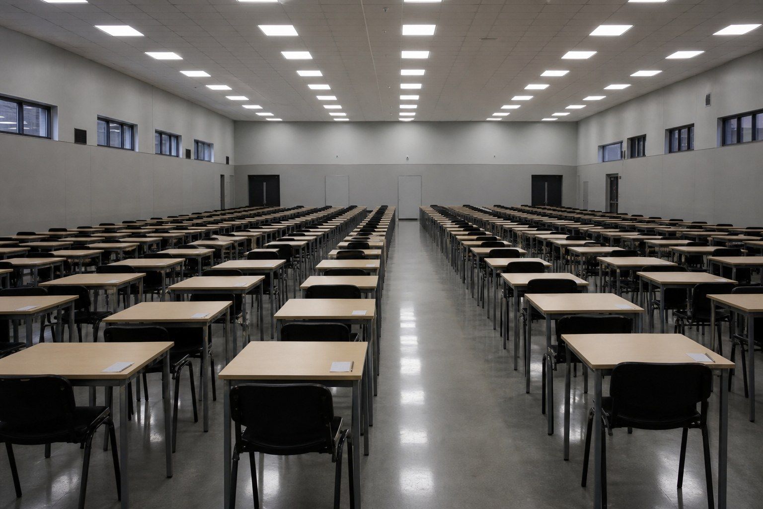A large empty examination hall photographed from the back, with long rows of identical single desks stretching towards the far wall, each with a blank answer booklet and a pencil squared to its edge.