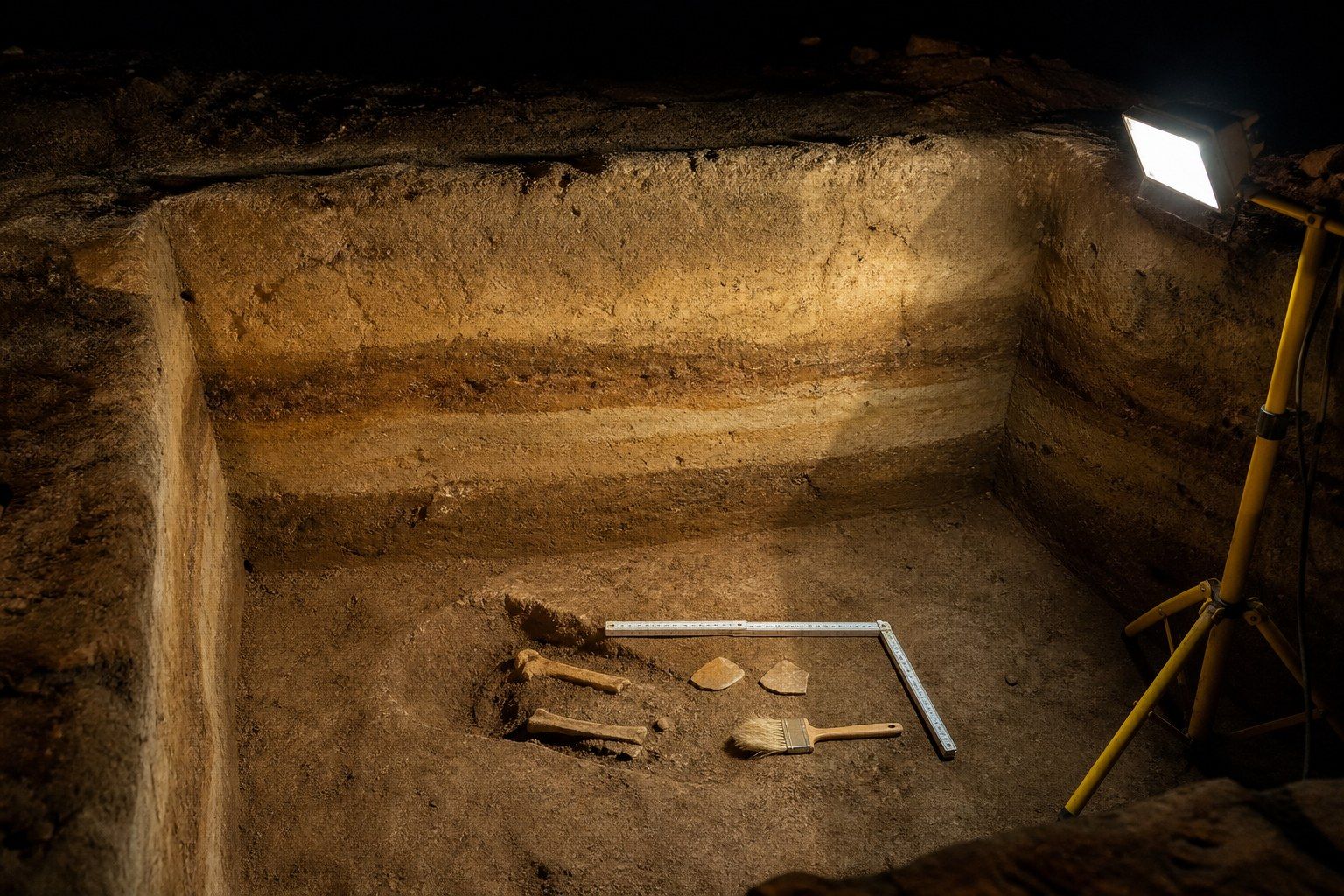 An archaeological excavation trench at night under a work lamp, showing cut earth walls with stratigraphic layers and a small area of exposed bone and worked stone at the base beside a measuring rule and brush.