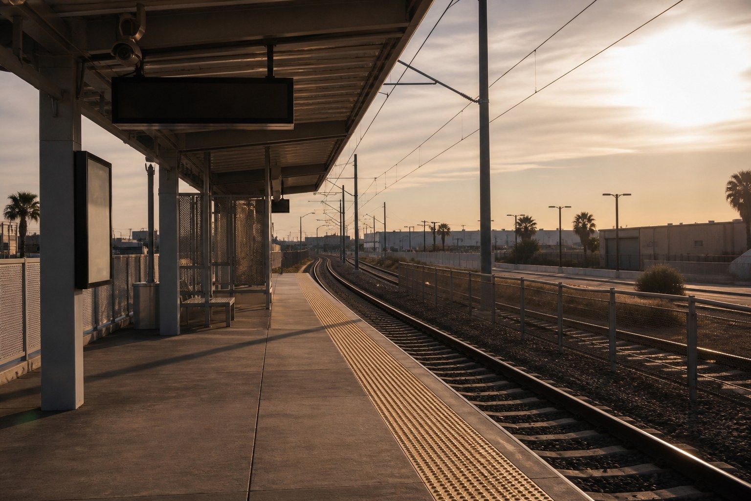 An empty open-air urban light-rail platform at dusk with a simple canopy, two tracks curving away past low industrial buildings and palms, and overhead catenary wires.