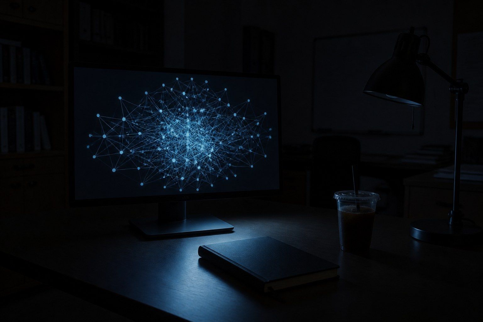 A dark university research office at night lit only by a monitor showing an abstract pale-blue node-and-edge network diagram on black, with a closed notebook and an unlit desk lamp beside it.