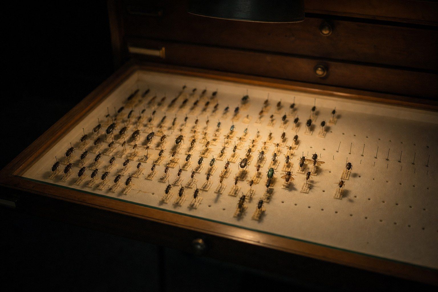An entomology collection drawer pulled open under a single warm task lamp in a dark workroom, with rows of pinned insect specimens above small paper labels, some rows complete and some with empty pinholes.