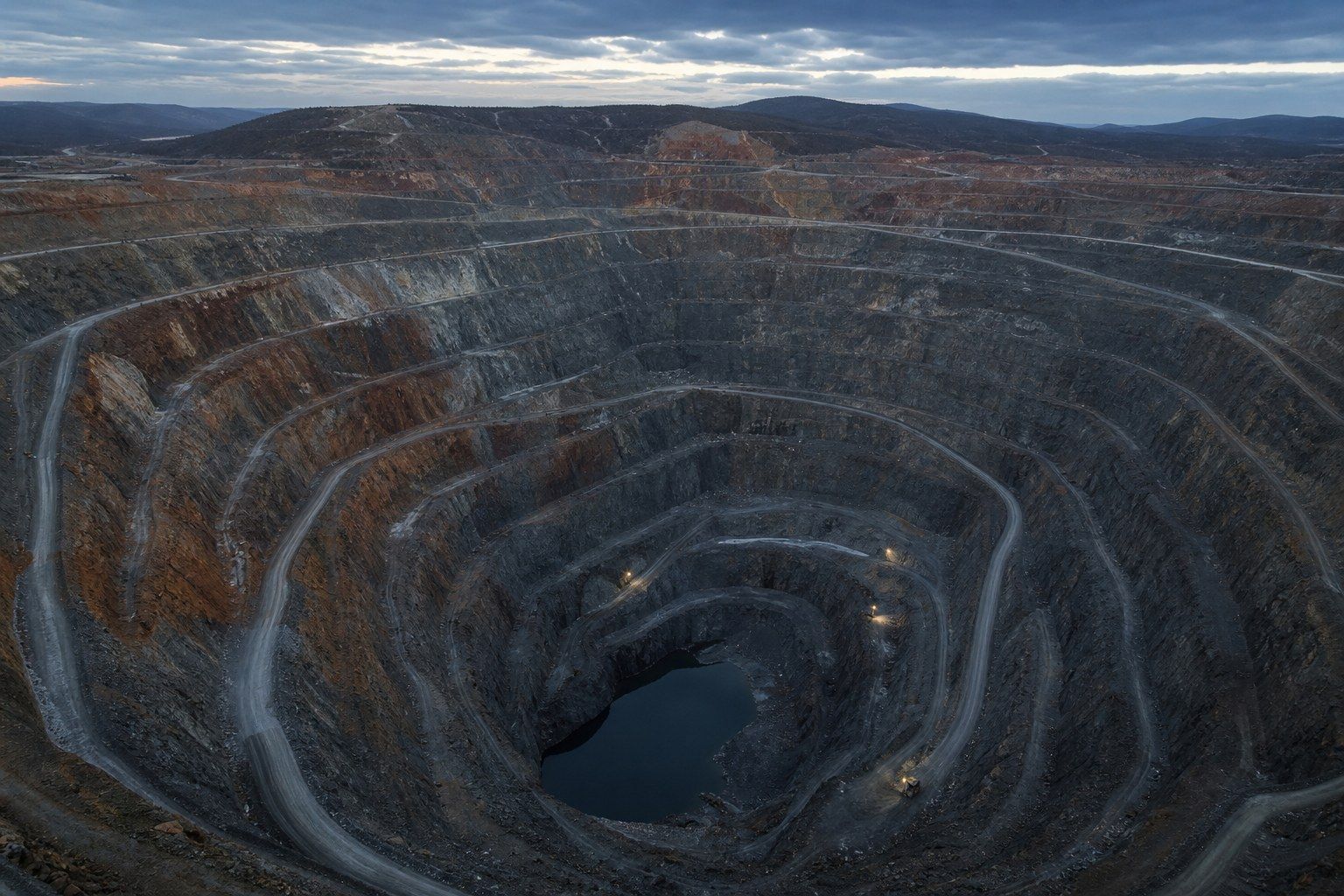 Aerial view of a very large open-pit mine at dusk, with concentric terraced benches spiralling down into shadow, haul roads switchbacking along the walls and dark water pooled at the bottom.