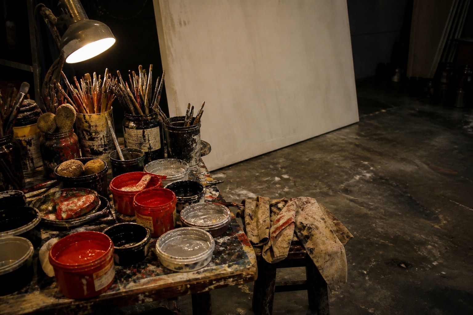 A working artist's studio at the end of a session, with a low table crowded with open pots of body paint in reds, blacks and metallic silver, dozens of brushes resting in jars and paint-stained cloths over a stool.