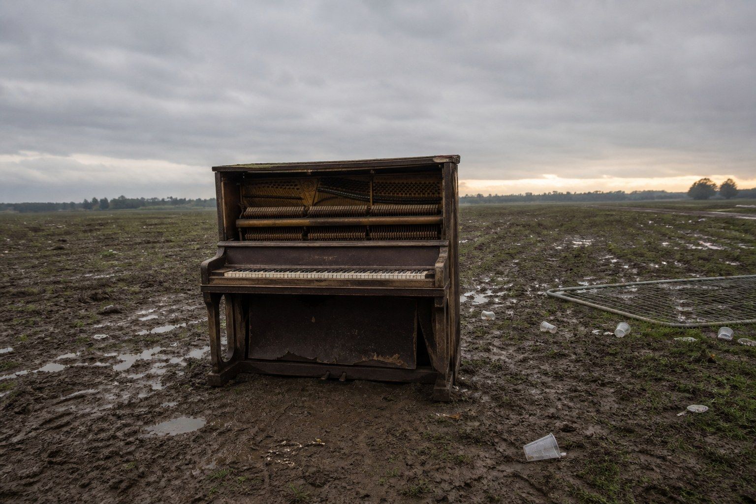 An old upright piano standing alone in a churned muddy field the morning after an outdoor festival, lid open, casters sunk into the mud, veneer swollen and lifting.