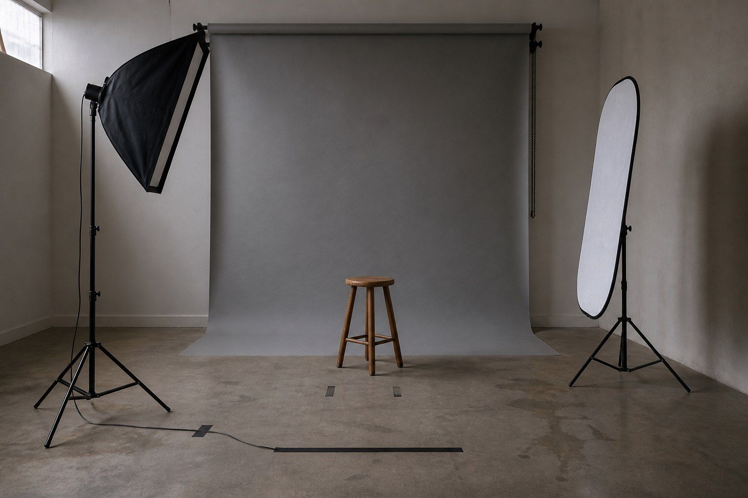 An empty portrait photography studio between sittings, with a plain wooden stool in front of a seamless mid-grey paper backdrop, an unlit softbox on a stand and tape marks on the floor.