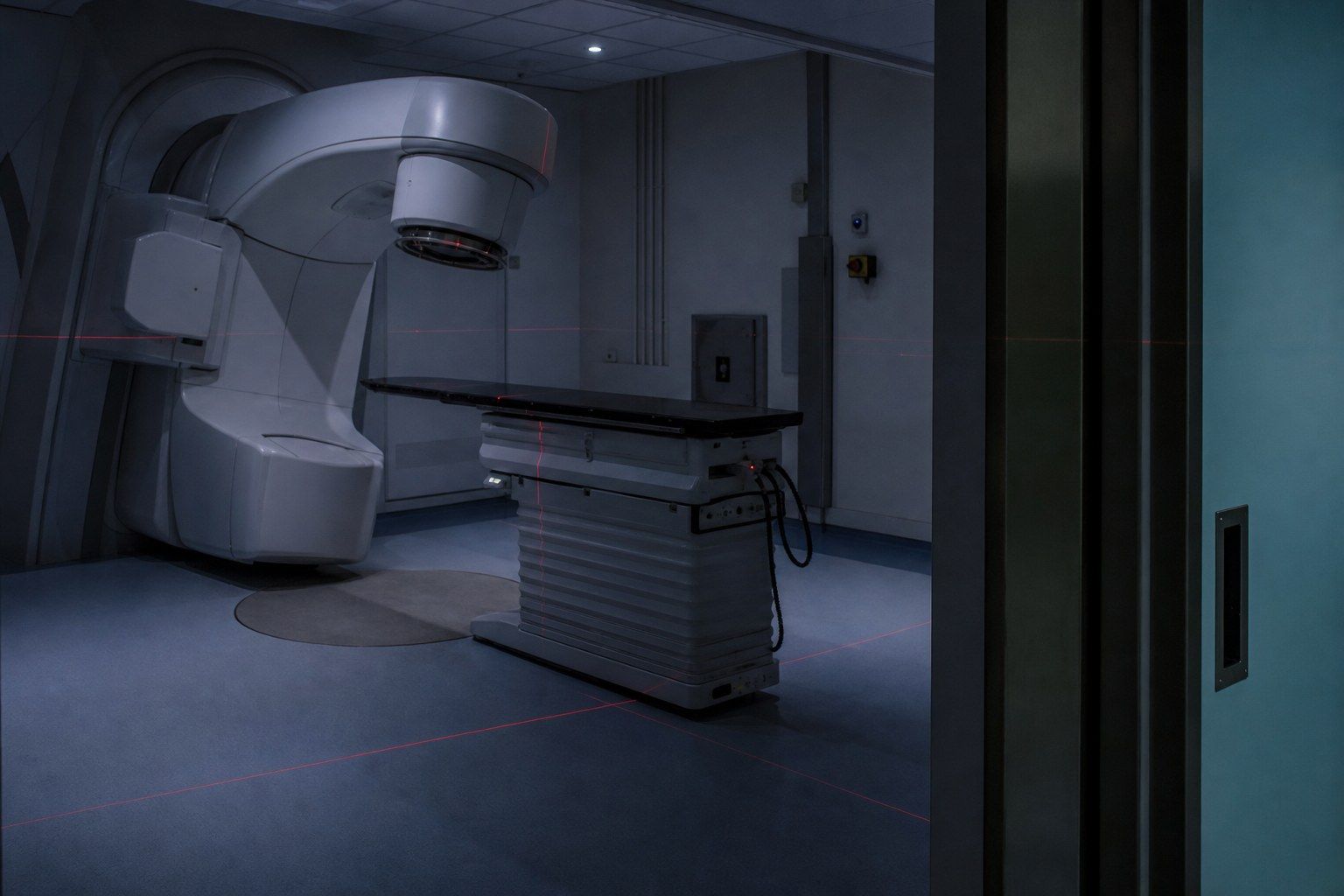 An empty radiotherapy treatment room at night with a large linear accelerator gantry arm curving over a narrow patient couch and positioning lasers throwing thin red lines across the floor.