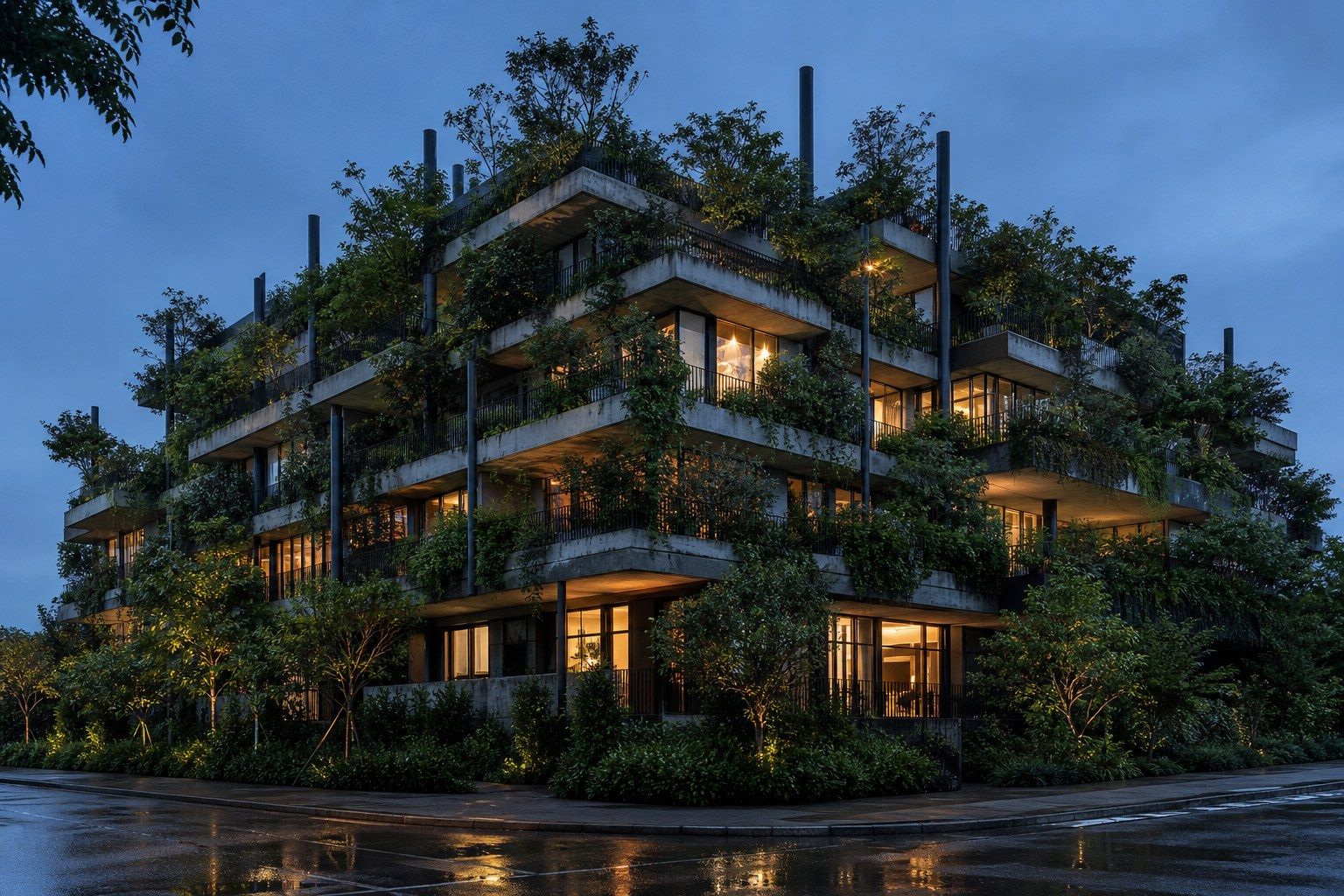 A modern mid-rise residential building photographed from street level at dusk, its balconies and stepped terraces densely planted with mature trees and shrubs, steel columns rising through the planting.