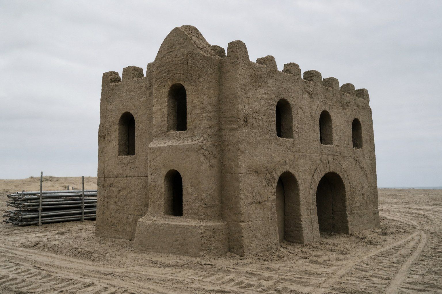 A large sculpted sand structure roughly two storeys high standing on a flat sandy site under an overcast Northern European sky, with carved crenellations and arched openings and scaffolding poles stacked to one side.