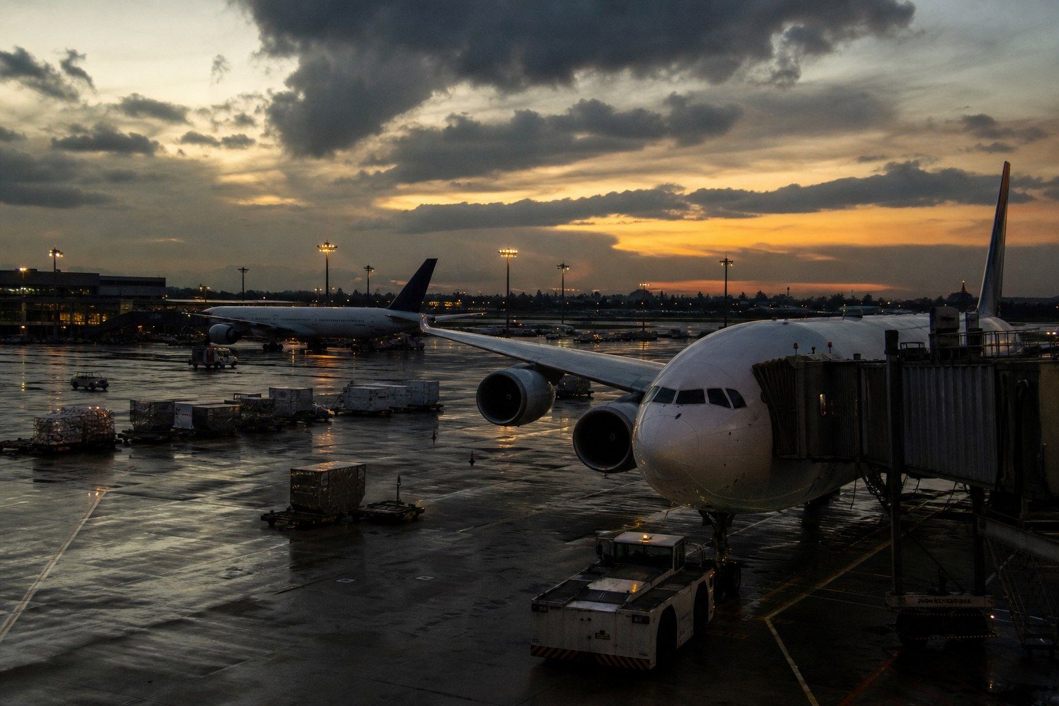 An airport apron in Singapore at dusk seen from a terminal window, wide-body aircraft at their gates and apron floodlights reflecting off wet tarmac.