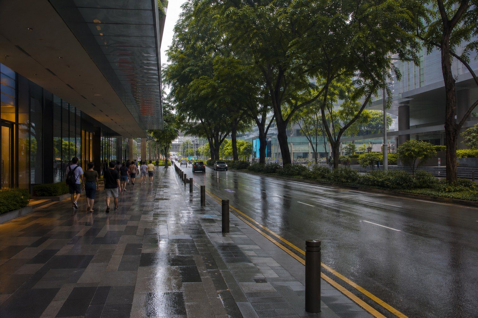 A broad Singapore shopping street on a wet afternoon, wide covered walkways and mature rain trees along the kerb, the road still dark with rain.