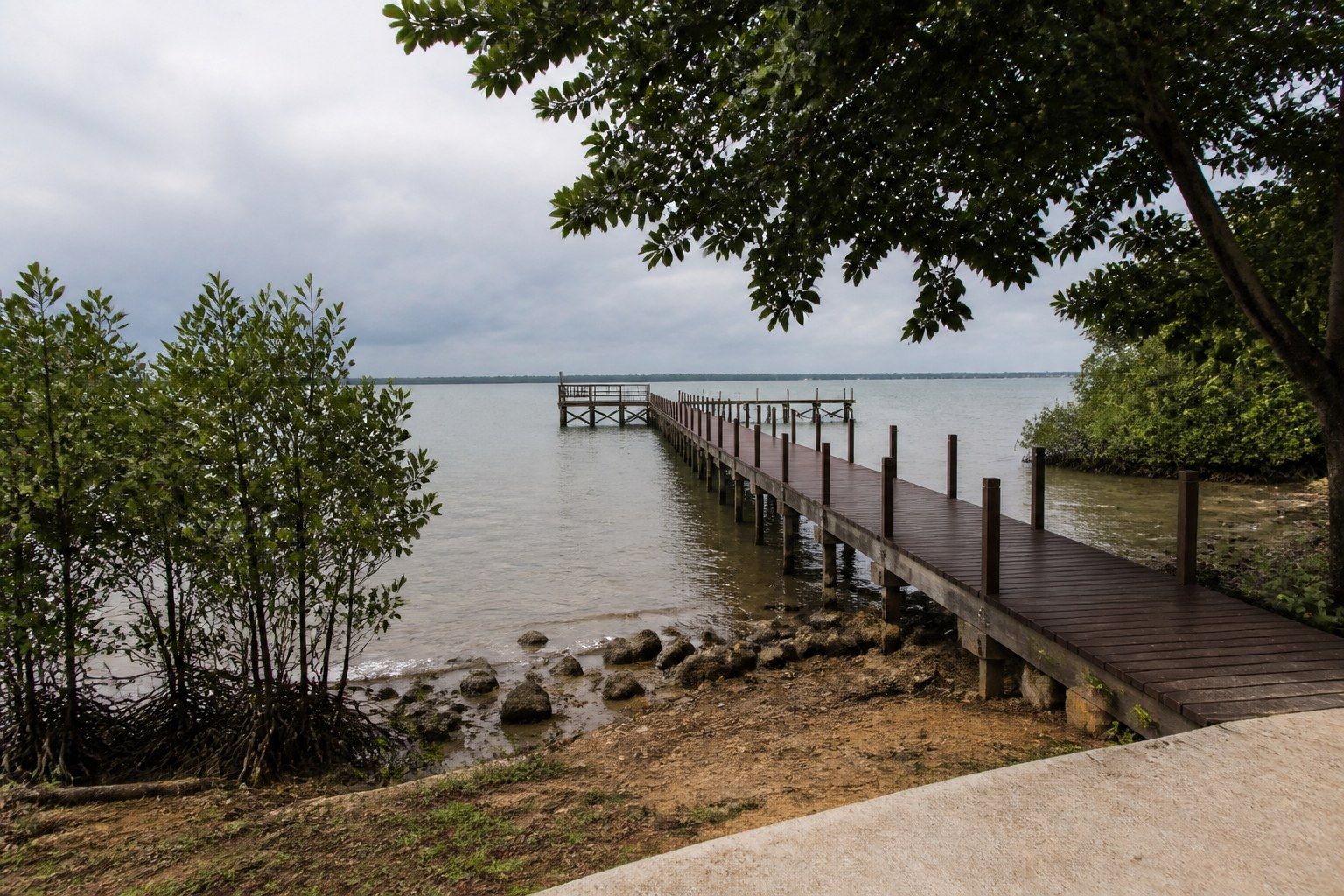 A waterfront park on a narrow strait in northern Singapore, a long timber jetty over shallow water and the far shore visible as a thin grey line.